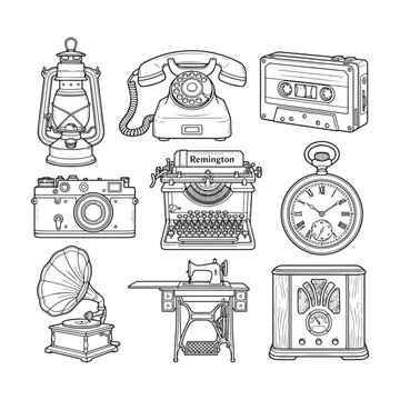 Set of classic vintage retro antique objects and mechanical items vector illustration