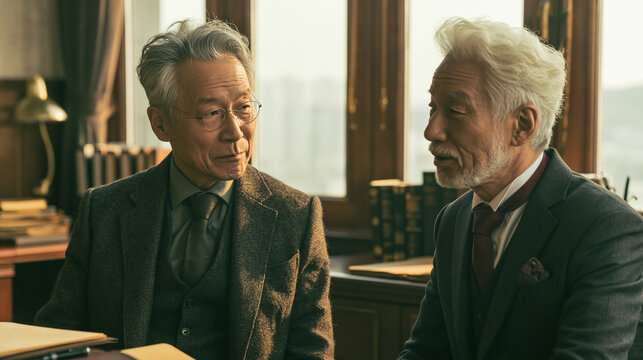 Two elderly, handsome South Korean men in suits, holding a meeting at their desks in the office on a sunny day