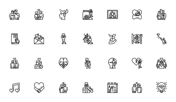 Love icon pack. Minimal vector icons. Featuring couple, family, wedding, love message, romantic dinner, broken heart, hug, love key and more. Editable vector stroke.