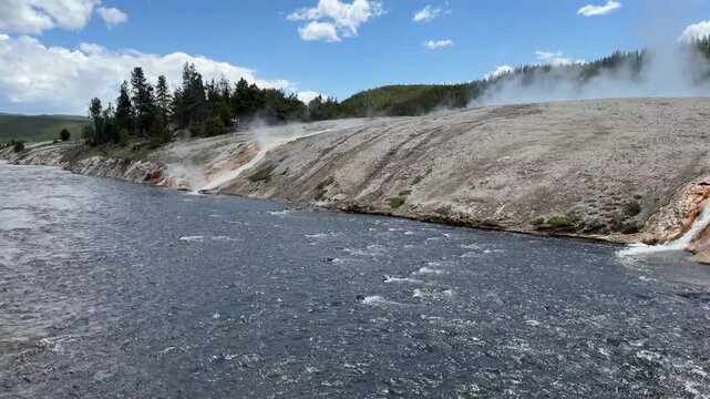 Hot Water Flowing into the Firehole River from Excelsior Geyser near Grand Prismatic Spring, Yellowstone National Park