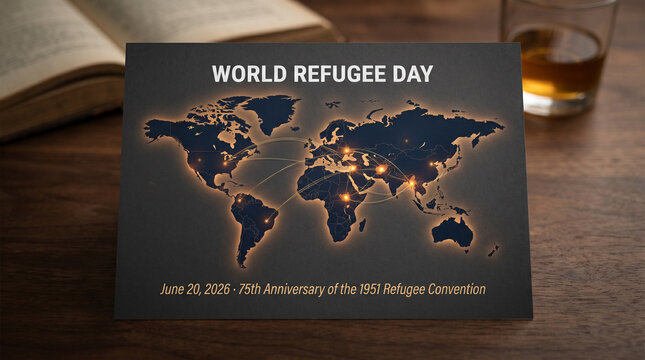 World Refugee Day 2026 June 20 75th Anniversary 1951 Refugee Convention Global Displacement Map Navy Blue Gold Editorial Background 8K Premium