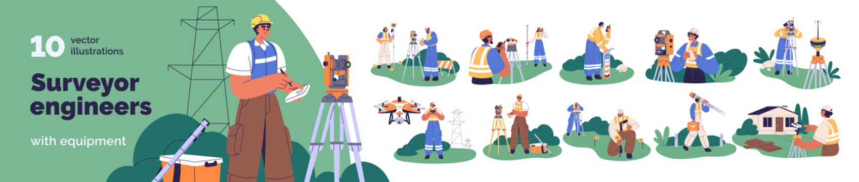Surveyor engineers set. Geodesy workers with topography instruments and tools. People with surveying equipment, measuring technologies at work. Flat vector illustrations isolated on white background