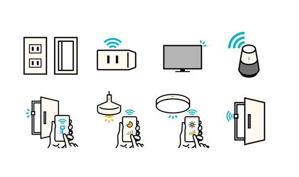 スマートプラグとスマートスピーカーのIoTホームオートメーションアイコンイラスト