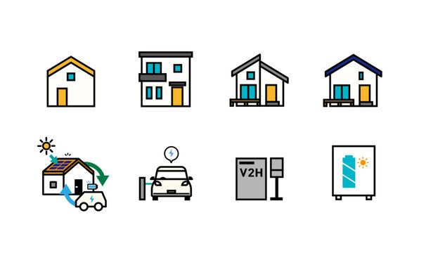 電気自動車とV2Hと省エネ住宅のスマートハウスのアイコンイラスト