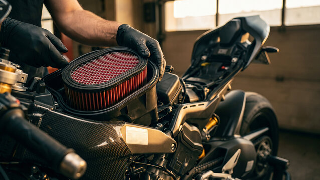 Gloved hands maintaining sport motorcycle engine, installing red air filter in workshop, professional vehicle service and repair.
