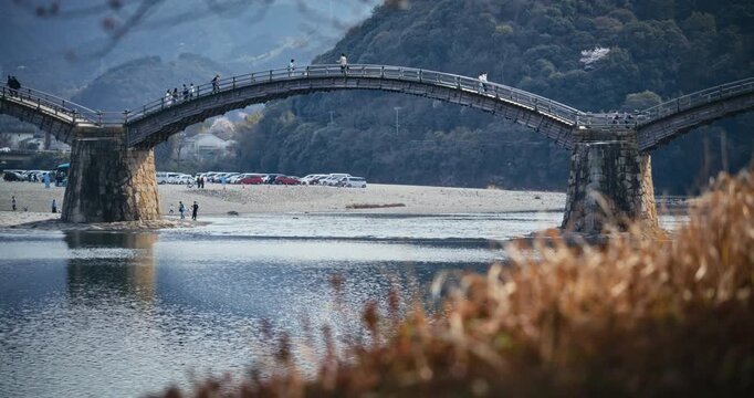 Kintai Bridge Wooden Arch Over River In Hiroshima Japan - Wide Shot