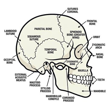 Detailed anatomical diagram of human skull bones.