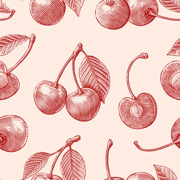 Seamless vintage-style pattern featuring cherries with leaves. Engraving style. Classic botanical design suitable for fabric, packaging, or wallpaper.
