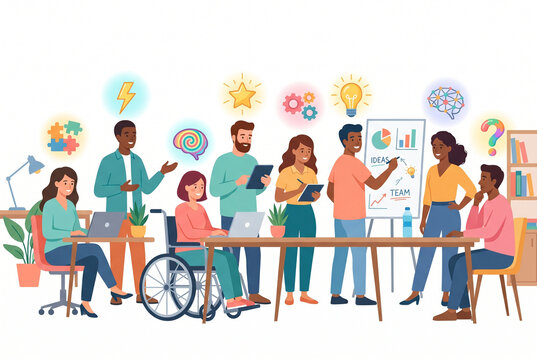&Eacute;quipe diverse et neurodiverse dans un bureau moderne, concept d'inclusion et de diversit&eacute; cognitive au travail