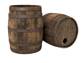 Fototapeta premium Two wooden barrels, one standing and one lying down, isolated on transparent background