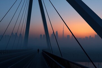 Obraz premium Runner on bridge at sunrise with Dubai skyline
