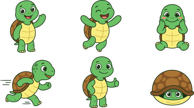 Cute turtle cartoon character vector collection set featuring funny green tortoise mascots jumping running waving hiding and giving a thumbs up isolated on white background