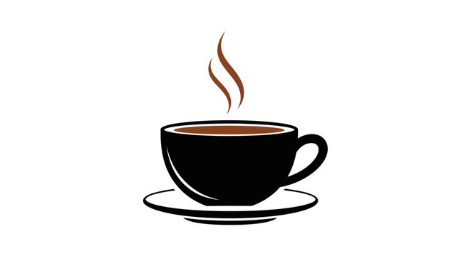 Minimalistic black coffee cup and saucer with steam vector illustration on white backdrop