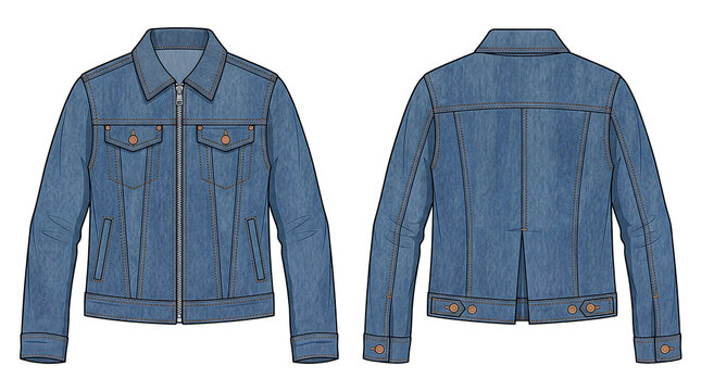 Full-Zip Denim Jacket Technical Flat &ndash; Front and Back Views on White Background