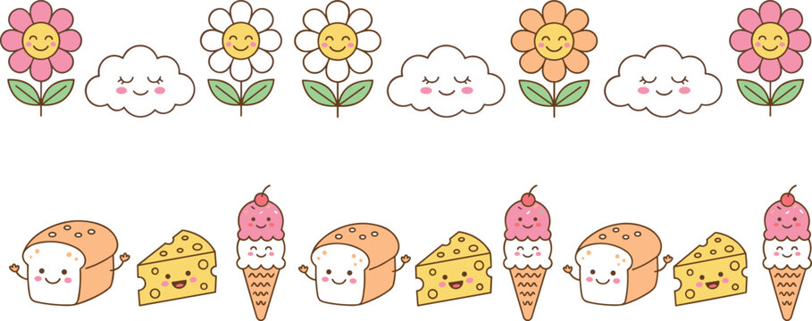 Flat vector graphic illustration collection featuring cute kawaii style seamless borders with smiling flowers clouds bread slices cheese wedges and ice cream cones.