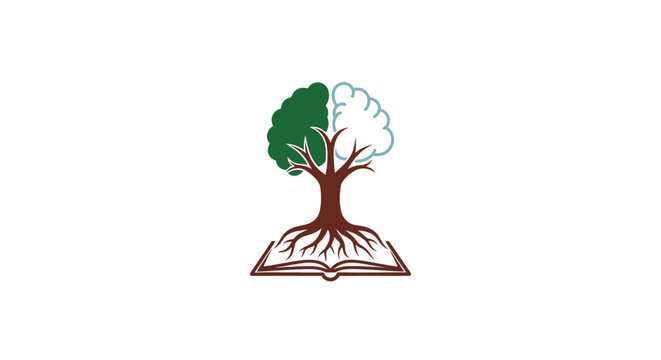 Symbolic representation of knowledge, learning, and growth, a tree formed from a book and brain