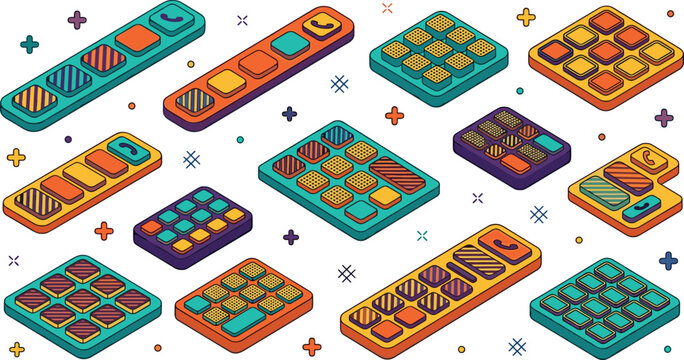 Vector graphic illustration collection featuring colorful retro isometric numeric keypads dials and terminal interface buttons with patterned textures on white.