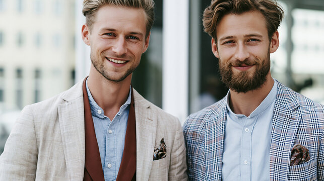 Two young beautiful smiling Scandinavian men posing summer suits in office on a sunny day