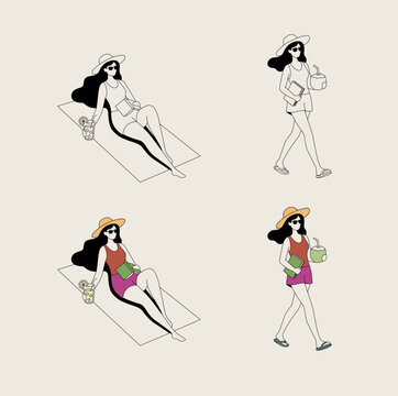 Summer Vacation Woman Vector Set: Relaxing on Beach Towel and Walking with Coconut Drink