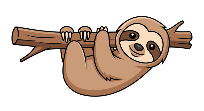 Smiling cartoon sloth clinging to wooden branch.