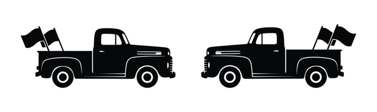 Black silhouette pickup trucks with flying flags Vector