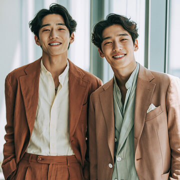 Two young beautiful smiling South Korean men posing summer suits in office on a sunny day
