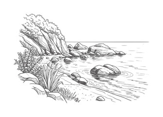 Rocky shoreline with calm water and vegetation © Mehedi
