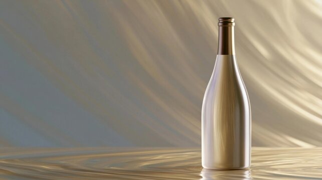 3d rendering of a wine bottle. the bottle is made of a shiny, metallic material and has a cylindrical shape with a flat base. it has a gold-colored cap on top and a narrow neck.