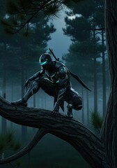 Naklejka premium Futuristic Cybernetic Ninja Warrior Crouching on a Tree Branch in a Dark Misty Pine Forest at Night