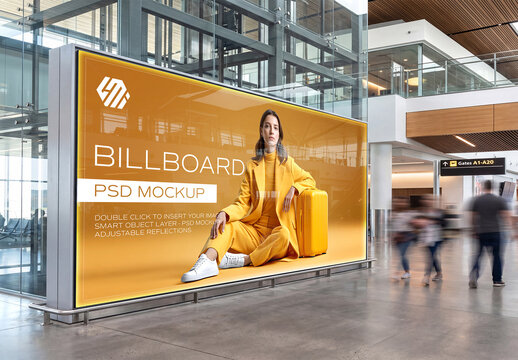 Large Horizontal Billboard in Bright Clean Airport Interior Mockup