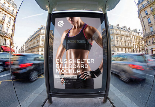 Billboard Bus Shelter In European City Mockup &ndash; Wide Angle Fisheye View