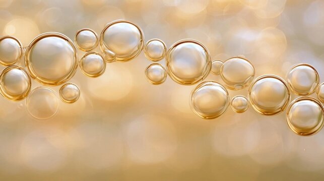Close-up of a group of small, round, golden-colored bubbles floating in the air. the bubbles are arranged in a diagonal line, with the largest bubble at the bottom and the smallest at the top.