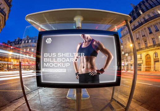 Billboard Bus Shelter In Paris Cityat Night Mockup &ndash; Wide Angle Fisheye View