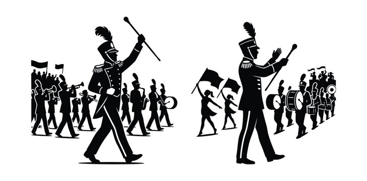 Black silhouette of marching band with conductor Vector
