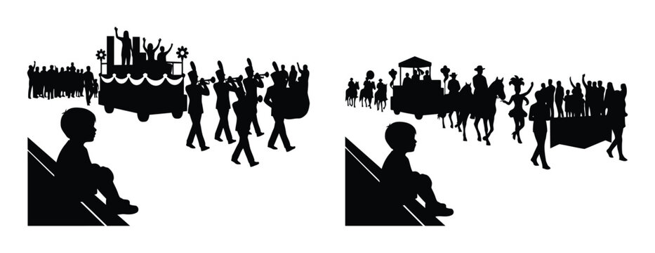 Black silhouette of people marching in a parade with a float and horses Vector