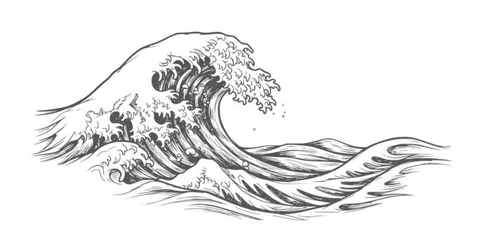 Stylized ink of a large crashing ocean wave water nature
