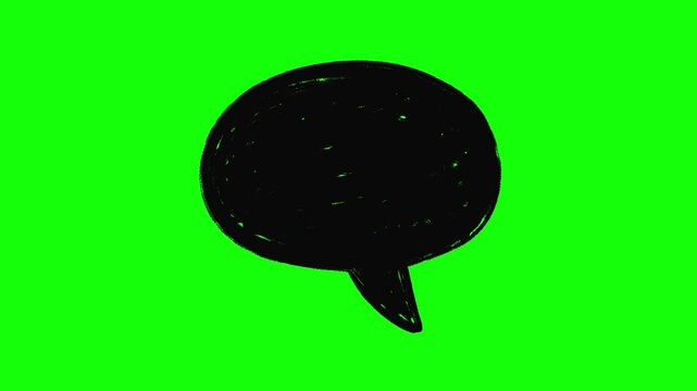 Hand-drawn black speech bubble animation loop on chroma key green screen background. Scribble texture thought cloud or dialogue box element for video editing, social media, comics, and motion graphics