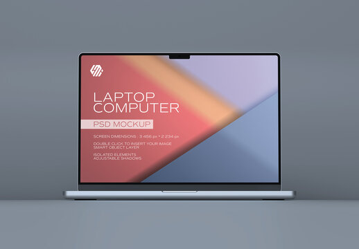 Silver Laptop with Soft Shadow on Grey Background Mockup