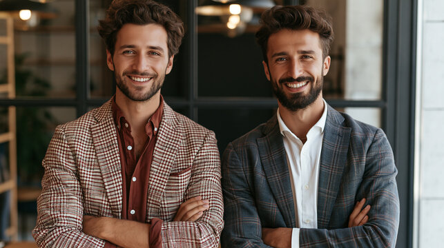 Two young beautiful smiling Turkish men posing summer suits in office on a sunny day