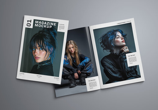 Isolated Magazine Cover and Open Magazine Mockup on Grey Background