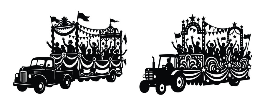 Black silhouette of people on decorated carnival parade floats on truck and tractor Vector