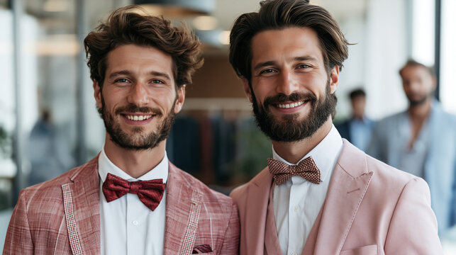Two young beautiful smiling Turkish men posing summer suits in office on a sunny day