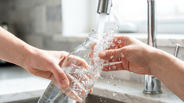 Person filling bottle from tap with fresh water in kitchen, hands engaged in action at sink. Filling bottle exemplifies daily life activity of hydration and eco-friendly practice,