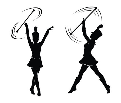 Black silhouette of two girls twirling batons Vector