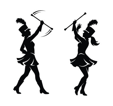 Black silhouette of two majorette dancers swinging batons Vector