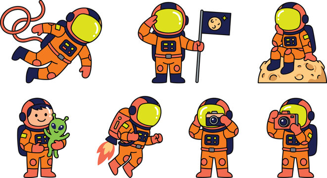 Cute Astronaut Space Explorer Character Set Floating, Holding Flag, Sitting on Moon, Hugging Alien, Flying Jetpack, and Taking Photos Vector Illustration