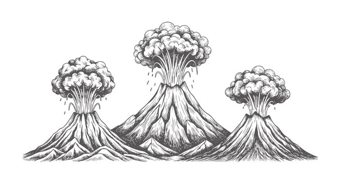 Three erupting volcanoes with smoke plumes and lava spewing in a vintage style eruption