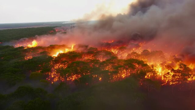 Aerial view of a forest engulfed in flames, showcasing the devastating impact of wildfires on nature and the environment