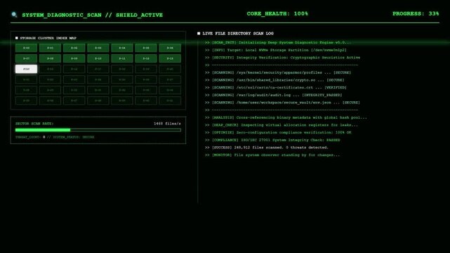 System Diagnostic Scan Antivirus Shield Storage Security Dashboard Animation.