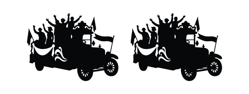 Black silhouette of people celebrating in a vintage car Vector